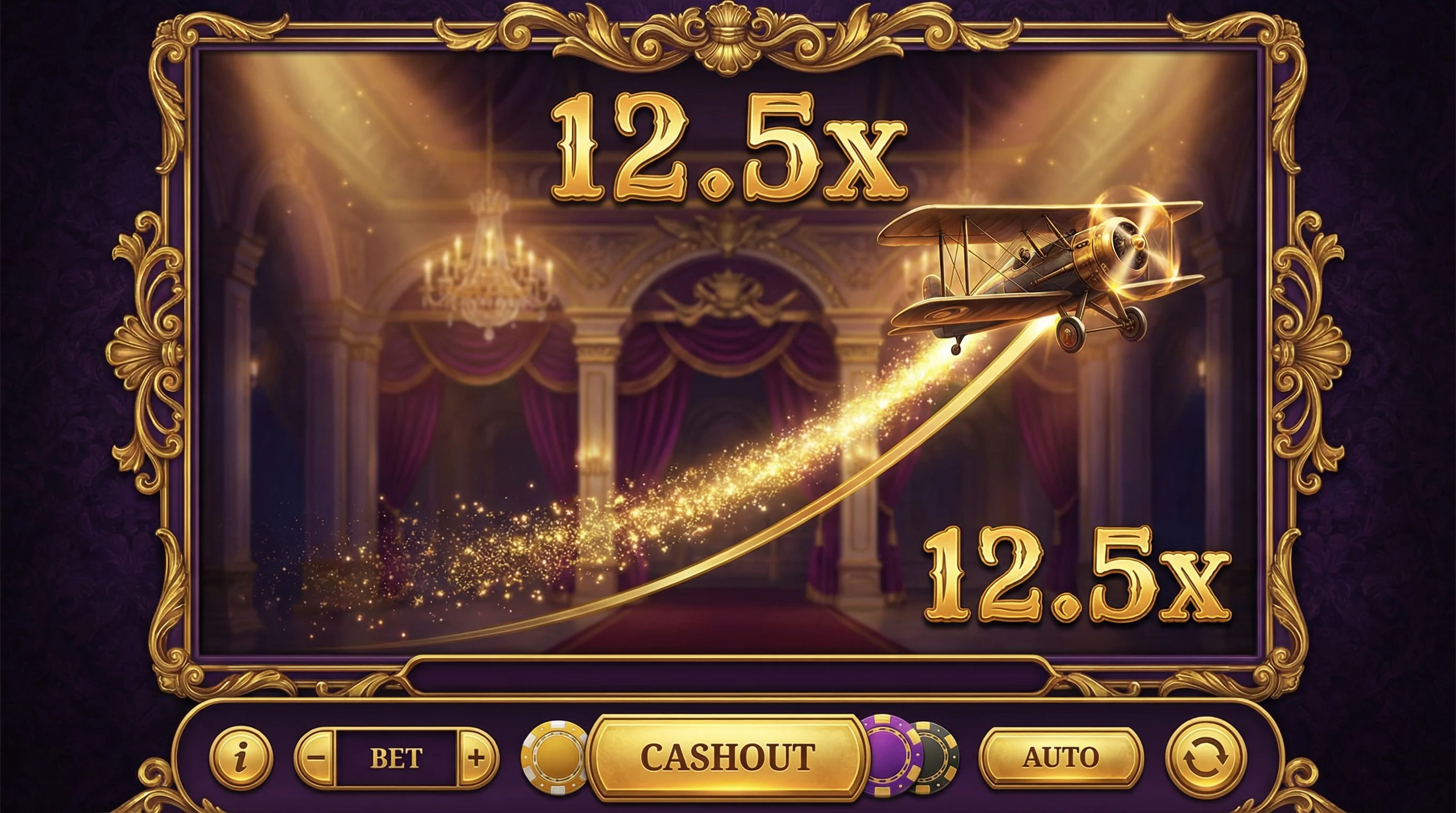 Juego Aviator con avión dorado y multiplicador