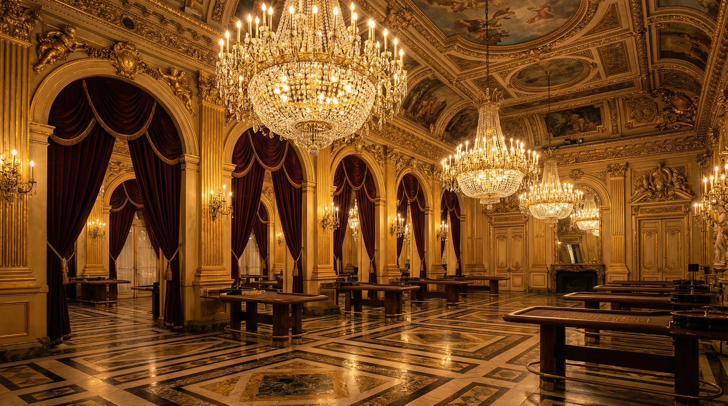 Interior lujoso del casino betmexico mx con candelabros dorados